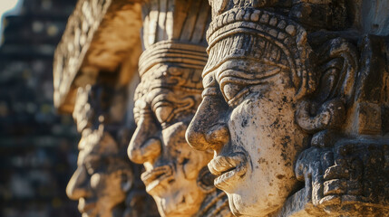 Obraz premium Close-up view of ancient stone carvings featuring male faces depicting indigenous figures, illuminated by golden sunlight.