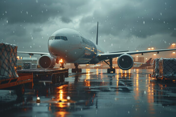 At the airport, cargo planes are loading and unloading goods