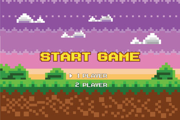 Start game, players. pixel game background, natural landscape with blue sky, trees and green grass. Pixelated 8 bit video-game