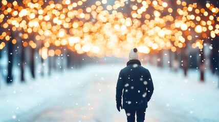 A person walking in a snowy landscape, surrounded by glowing lights, creating a magical winter atmosphere.
