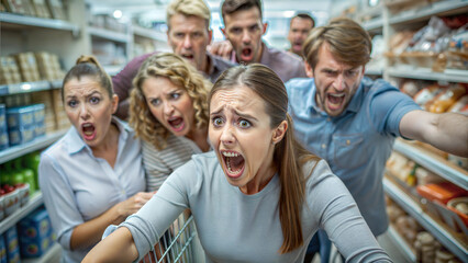 Fototapeta premium Group of excited shoppers yelling and racing in a supermarket aisle