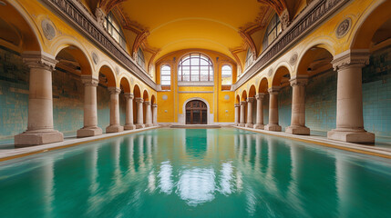 An elegant indoor swimming pool with arched columns and vibrant yellow walls, creating a luxurious atmosphere.