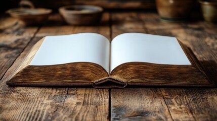Blank Book on Light Wooden Table Mockup, Front View with White Pages for Text or Artwork

