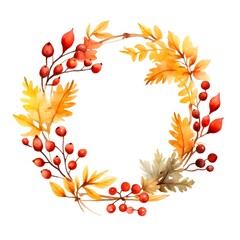 Warm and Vibrant Autumn Watercolor Wreath with Golden Leaves and Bright Berries