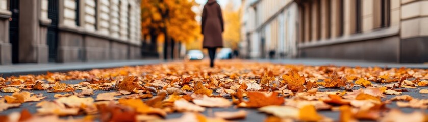 A serene autumn scene featuring a person walking on a street covered in vibrant fallen leaves amidst beautiful city architecture.