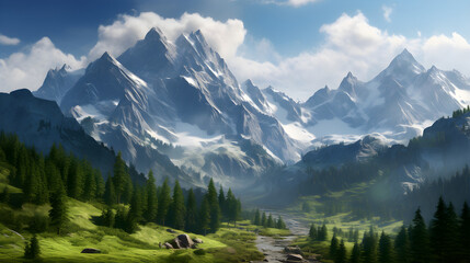 Obraz premium Stunning HD Panorama of Majestic Snow-capped Alpine Mountain Range Tranquil Wilderness