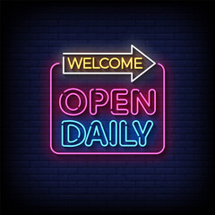 welcome open daily neon sign vector with brick wall background 