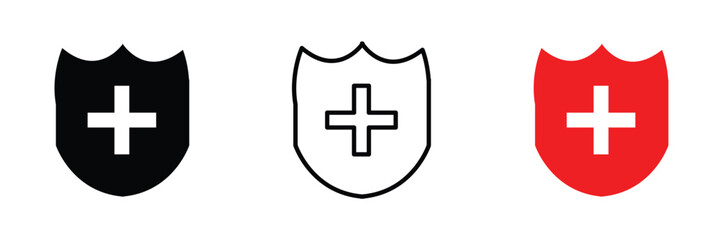 Obraz premium Health Shield with plus icon set. Health protection symbols. Safety medicine. Vector&nbsp;illustration in eps 10.