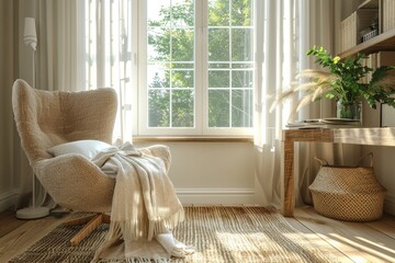 A cozy home office with a comfortable chair, a wooden desk, and natural light.