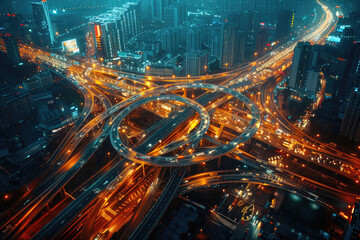 At night, bird's-eye view of urban overpasses