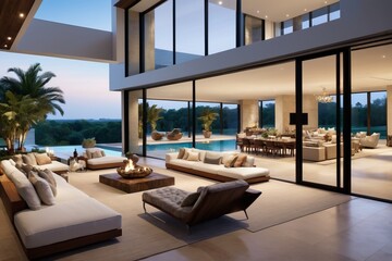 Fototapeta premium A modern living room interior with a stylish sofa, wooden floor, and soft carpet, featuring comfortable furniture, contemporary decor, and large windows letting in natural light