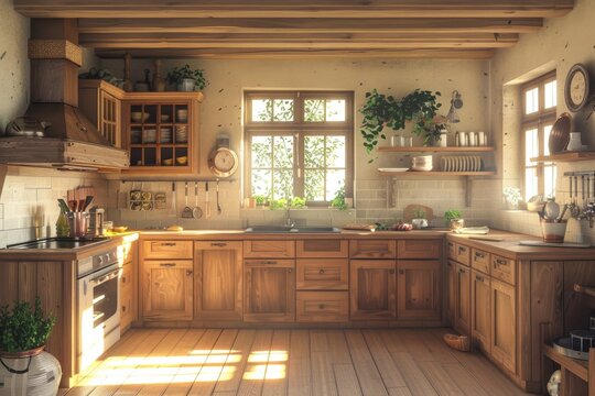 A kitchen with a cozy and inviting feel,  wooden cabinets
