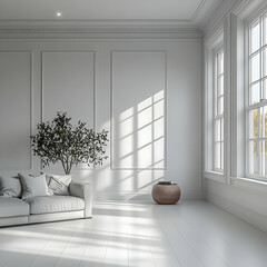 Illustration of a White Living Room with Couch, Plant and Sunlight
