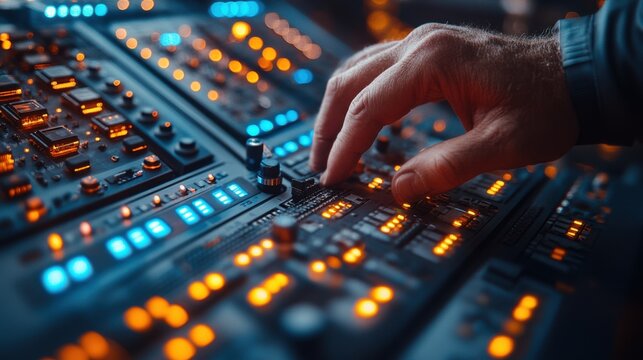 Precision Control: Worker Operating Industrial Panel in High-Tech Factory under Futuristic LED Lighting