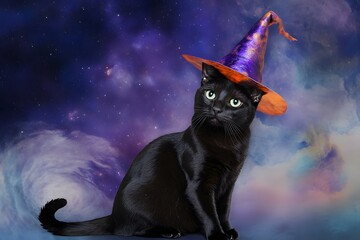 Obraz premium A proud black cat wearing a crooked witch hat under a starry sky. Halloween pet concept