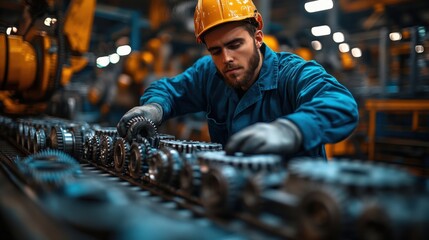 Industrial Factory Worker Assembling Metal Gears on Conveyor Belt with Heavy Machinery Surroundings - Nikon Z6 Photography