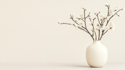 White Blossom Branch in Vase on Neutral Background