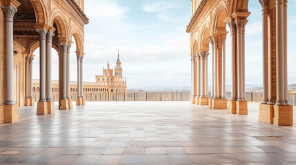 Obraz premium Elegant architectural corridor with majestic columns overlooking a distant historical building under a clear sky.