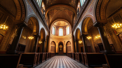 Obraz premium Majestic interior of an ornate cathedral with high ceilings, intricate designs, and soft ambient lighting.
