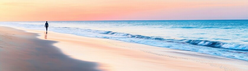 A serene beach scene at sunset with a lone figure walking along the shoreline, capturing a moment of tranquility and reflection.