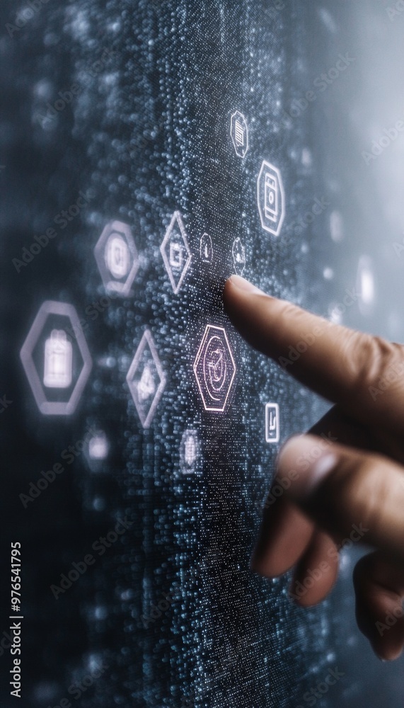 Poster Hand Pointing at Digital Board with Security Icons and Arrows Highlighting Cybersecurity Threats and Solutions