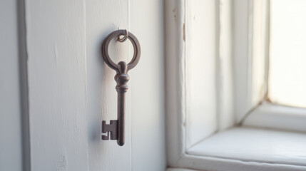 Obraz premium Elegant white key mounted on a wall overlooking a soft-toned modern apartment with stairway and light flooding through the window