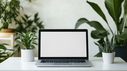 Fototapeta premium Clean workspace featuring a laptop with a blank screen, surrounded by potted plants, offering ample space for promotional content
