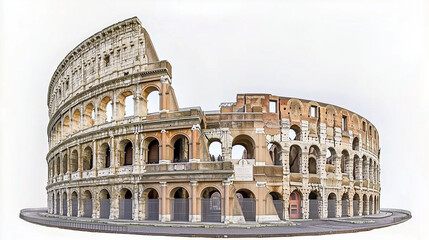 Obraz premium Panoramic view of the ancient Colosseum in Rome during daylight, showcasing its historic architecture and grandeur against a clear sky.