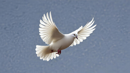 Fototapeta premium white dove in flight White dove with outstretched wings on blue sky background, 