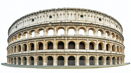 Panoramic view of the ancient Roman Colosseum, showcasing its grand architecture, arched windows, and historical significance. The sky forms a clear, unobstructed background.