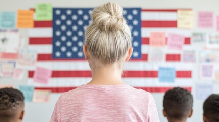 Classroom Scene with Teacher and American Flag, Emphasizing Education, Civic Responsibility, and National History