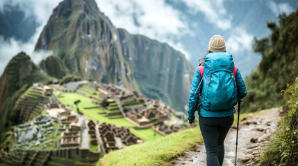 Naklejka premium A woman with a backpack hikes towards ancient ruins nestled in a lush, mountainous landscape under a cloudy sky.