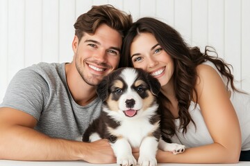 Happy couple smiling with adorable puppy, close-up portrait of man, woman, and cute Australian Shepherd dog, family and pet love
