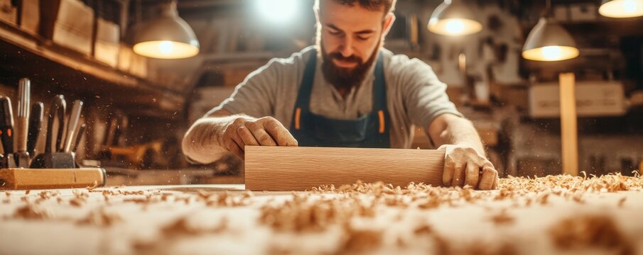 A skilled carpenter working meticulously on a wooden piece in a rustic workshop, surrounded by tools and wood shavings.