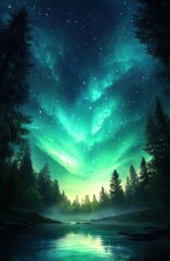 Obraz premium A beautiful, serene forest scene with a body of water in the foreground. The sky is filled with stars and the water is a deep blue color. Scene is peaceful and calming