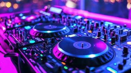 DJ Mixer Console with Neon Lights in Club
