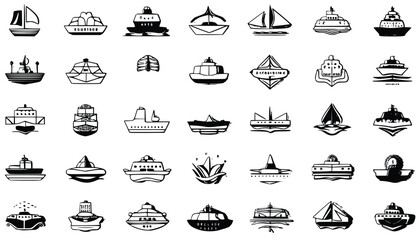 List of different type of ships, and boats icon set. Vector illustration. 