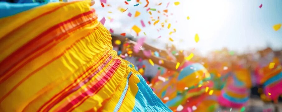 A vibrant celebration featuring colorful streamers and confetti, capturing the joyous spirit of festivities and outdoor events.