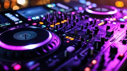 Obraz premium DJ Mixer Console with Purple Lights and Bokeh