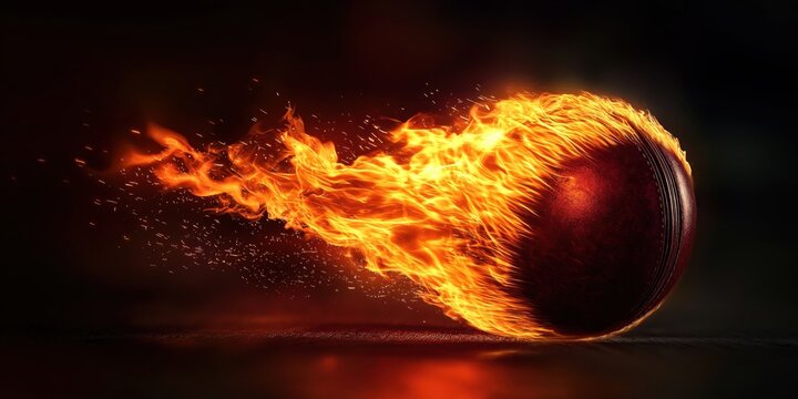 Cricket ball on fire on a dark background