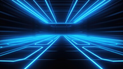 Obraz premium Abstract futuristic blue neon light tunnel with glowing lines.