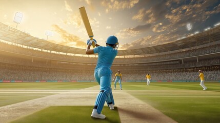 Cricket batsman playing cricket in a cricket stadium 