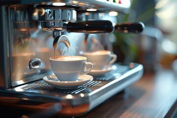 The coffee machine on the table and a cup of fresh coffee