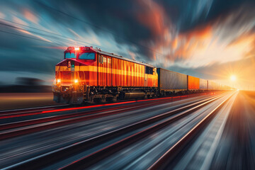 Fototapeta premium On the railway, trains carrying goods pass quickly