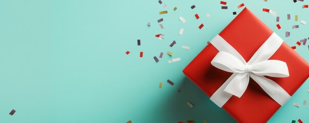 Obraz premium A vibrant red gift box with a white ribbon, set on a teal background with colorful confetti, perfect for celebrations and holidays.