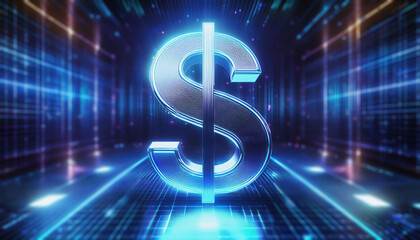 青い金属光沢のアメリカドルのマーク。青く光る線のサイバー空間の背景。