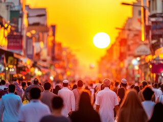 A vibrant sunset creates a warm glow over a bustling street filled with diverse people enjoying the evening atmosphere.