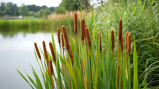 A detailed view of cattails growing near a pond, with their edible roots and shoots prominently displayed 