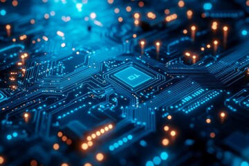 Fototapeta premium Blue circuit board background with beautiful light, representing technology, innovation, connection, data, and progress.