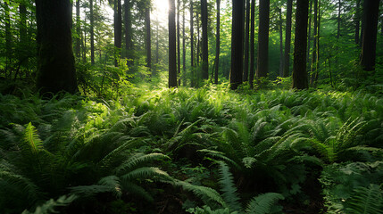 A serene forest setting with edible wild ferns growing on the forest floor, illustrating their natural habitat in North America 